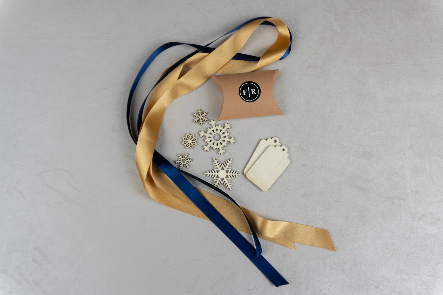 Recycled Ribbons and Wooden Snowflakes set - Navy Gold