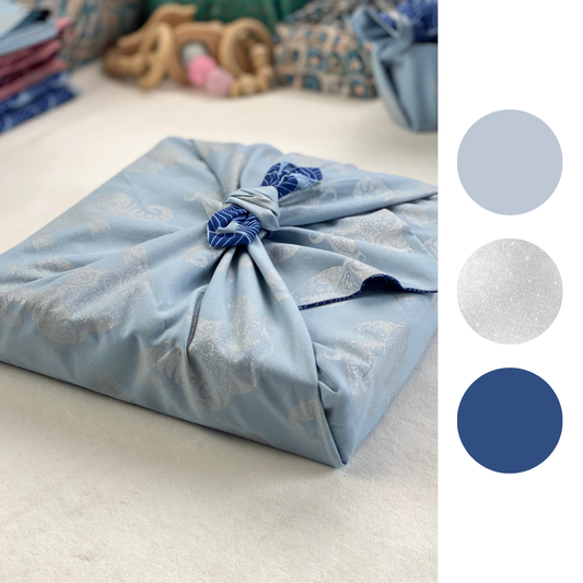 Furoshiki Reusable Fabric Gift Wrap | Sky Elephants & Indigo Fans - Double Sided (Reversible)