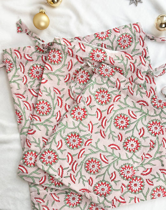 Gift Bag Set of 3 - Ruby and Green Dandelion Block Print