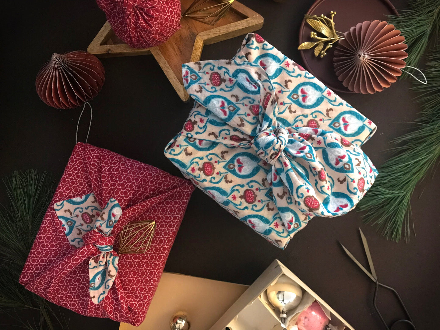 Teal & Cherry Fabric Gift Wrap Furoshiki Cloth - Double Sided (Reversible)