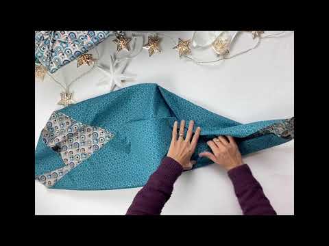 Furoshiki Gift Wrap - 3 Pack (Sizes S, M & L) Double Sided Bundle - Art Deco & Ocean (Teal Blue)