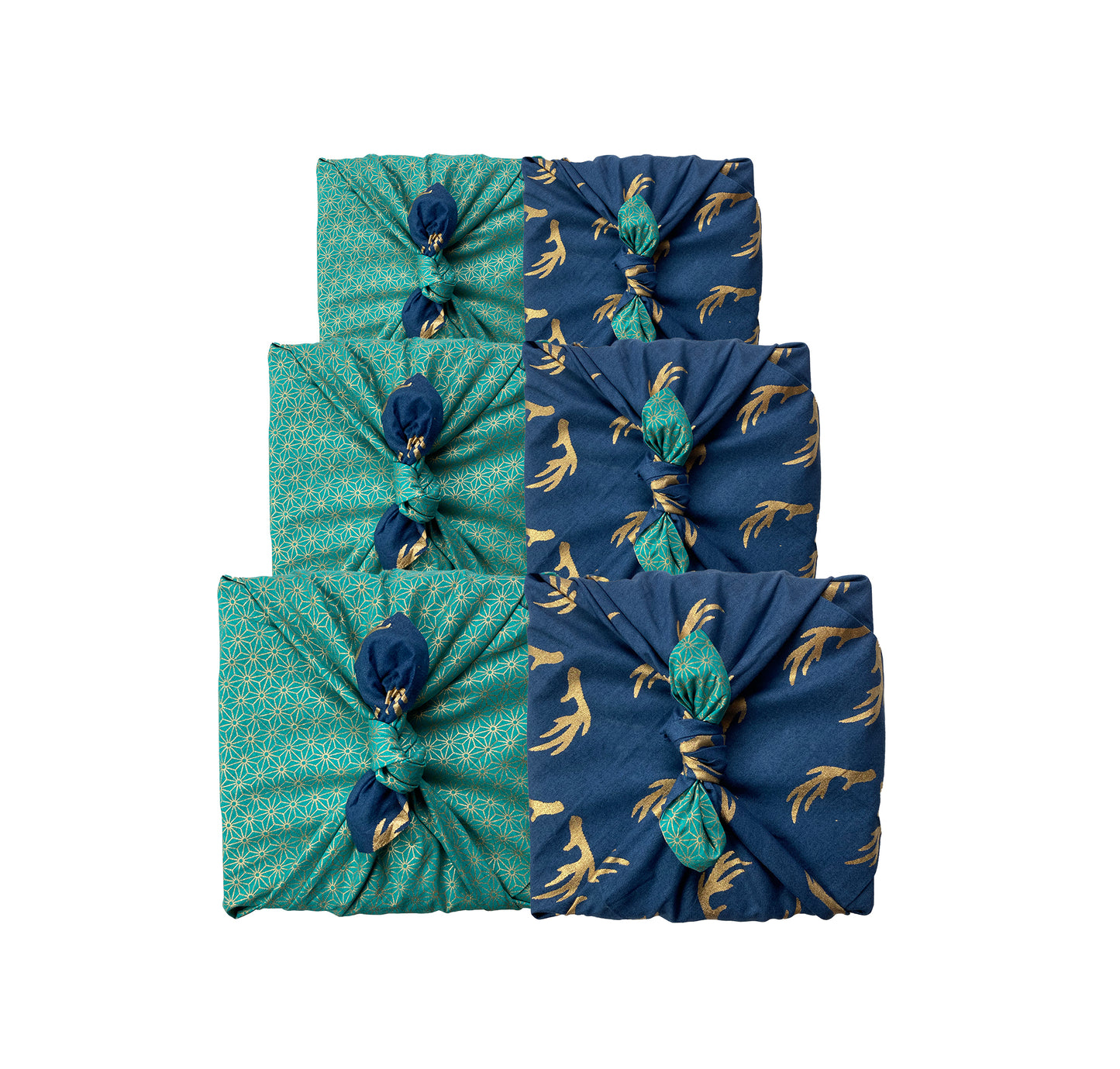 Furoshiki Gift Wrap - 3 Pack (Sizes S, M & L) Double Sided Bundle - Jade & Midnight Reindeers