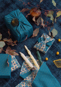 Furoshiki Gift Wrap - 3 Pack (Sizes S, M & L) Double Sided Bundle - Art Deco & Ocean (Teal Blue)