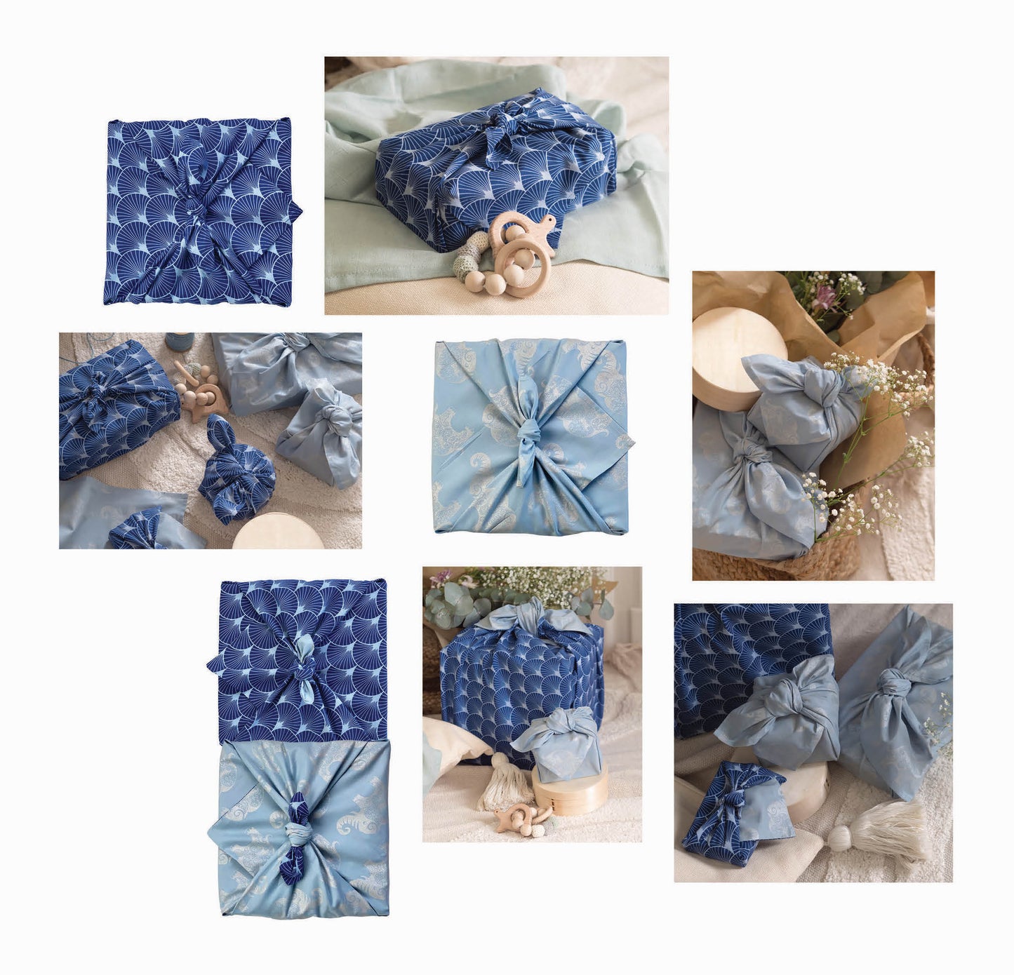 Furoshiki Gift Wrap - 3 Pack (Sizes S, M & L) Double Sided Bundle - Sky & Indigo Fans