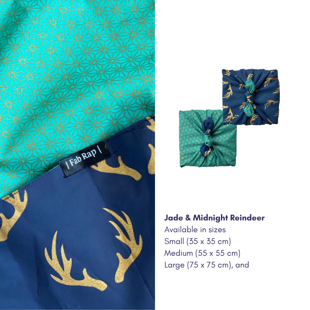 Furoshiki Reusable Fabric Gift Wrap | Jade and Midnight Reindeer | Double Sided (Reversible)