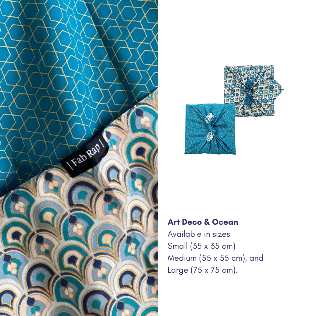 Furoshiki Reusable Fabric Gift Wrap | Art Deco & Ocean | Double Sided (Reversible)