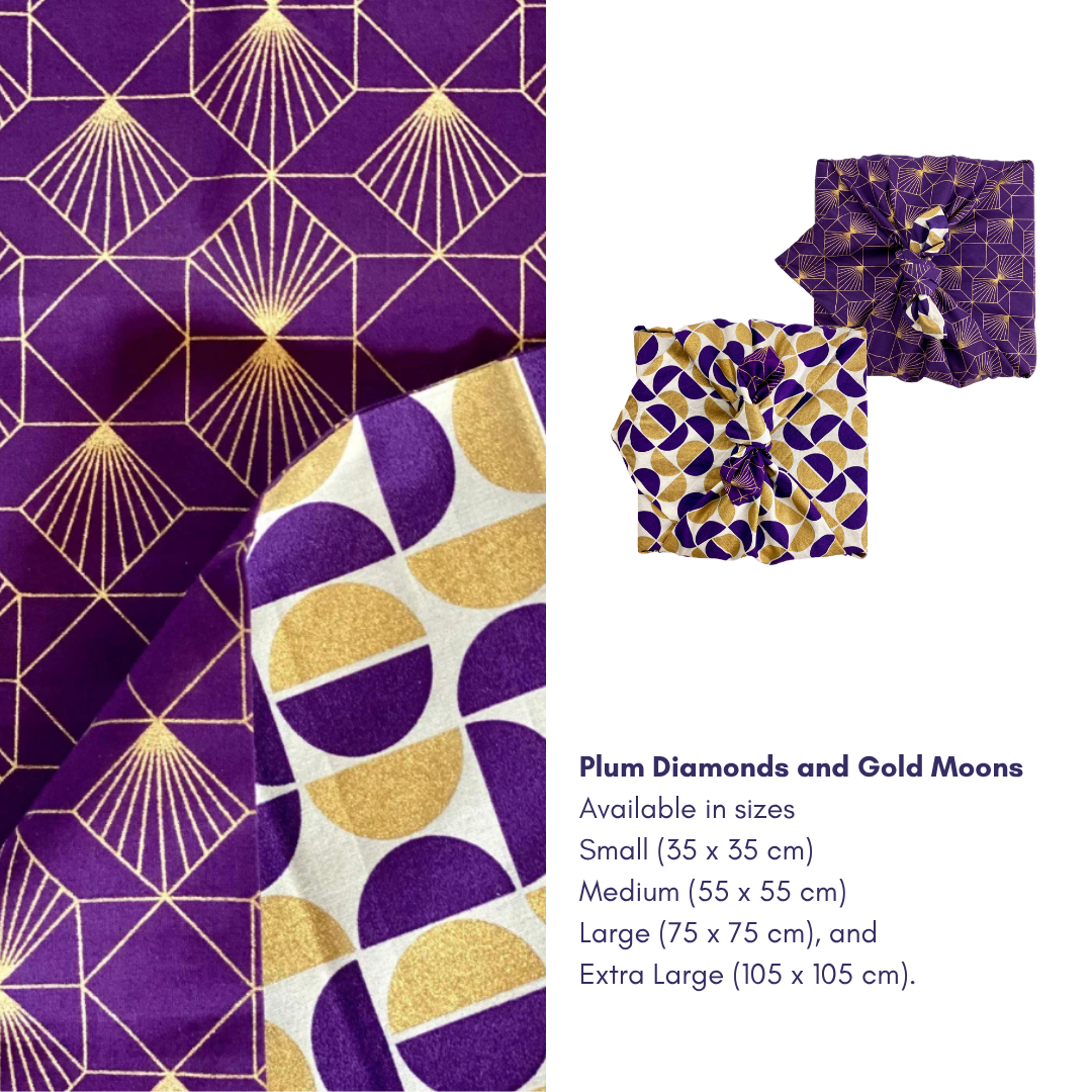 Furoshiki Reusable Fabric Gift Wrap | Gold Moons & Plum Diamonds - Double Sided (Reversible)