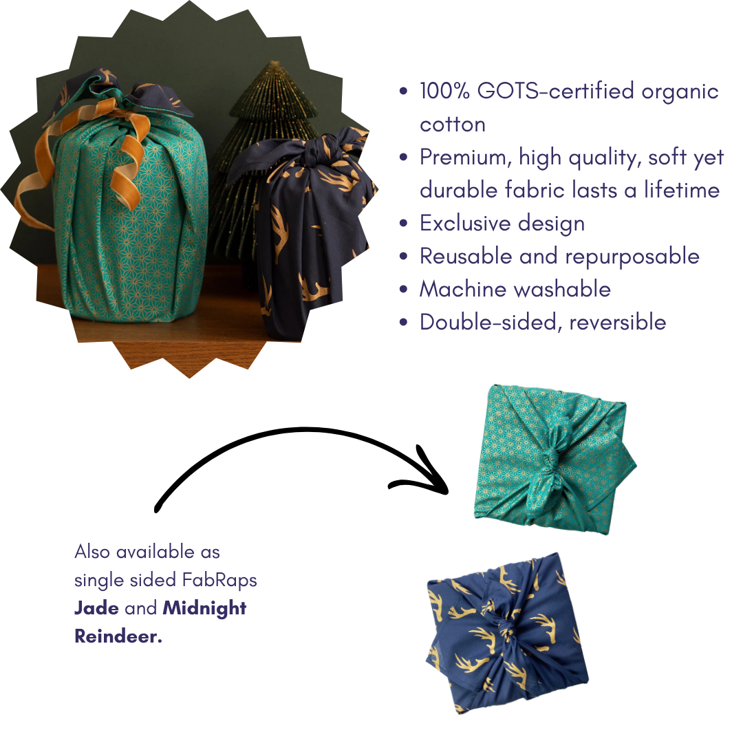 Furoshiki Reusable Fabric Gift Wrap | Jade and Midnight Reindeer | Double Sided (Reversible)