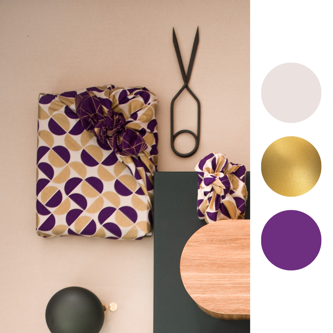 Furoshiki Reusable Fabric Gift Wrap | Gold Moons & Plum Diamonds - Double Sided (Reversible)