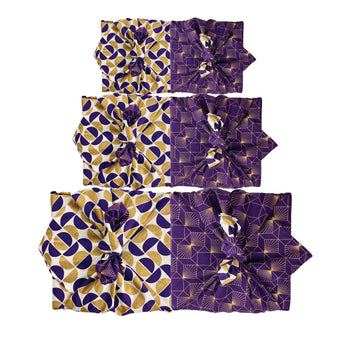 Furoshiki Gift Wrap - 3 Pack (Sizes S, M & L) Double Sided Bundle - Plum Diamonds & Gold Moons