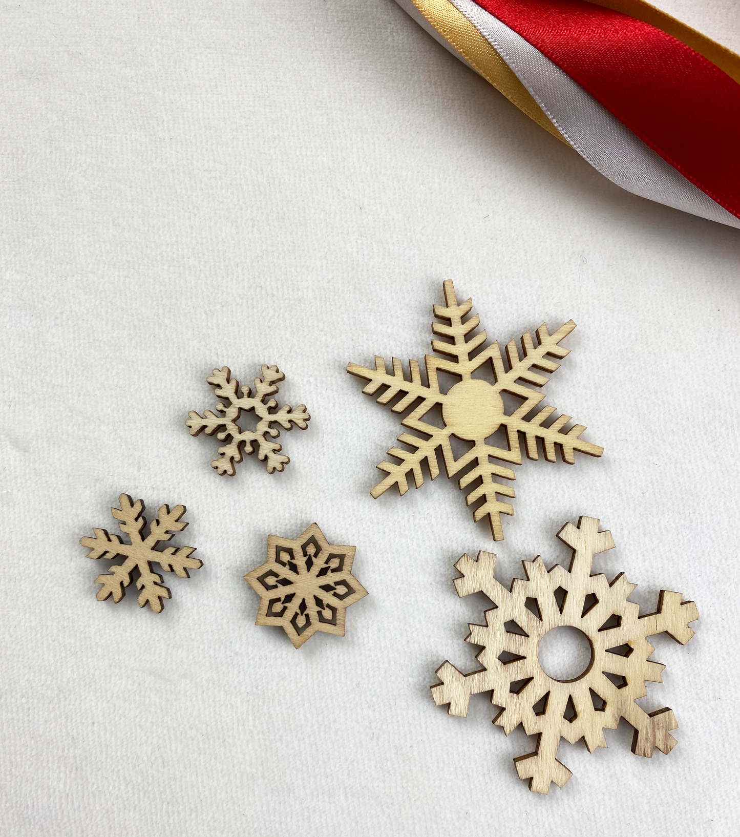 Recycled Ribbons and Wooden Snowflakes set