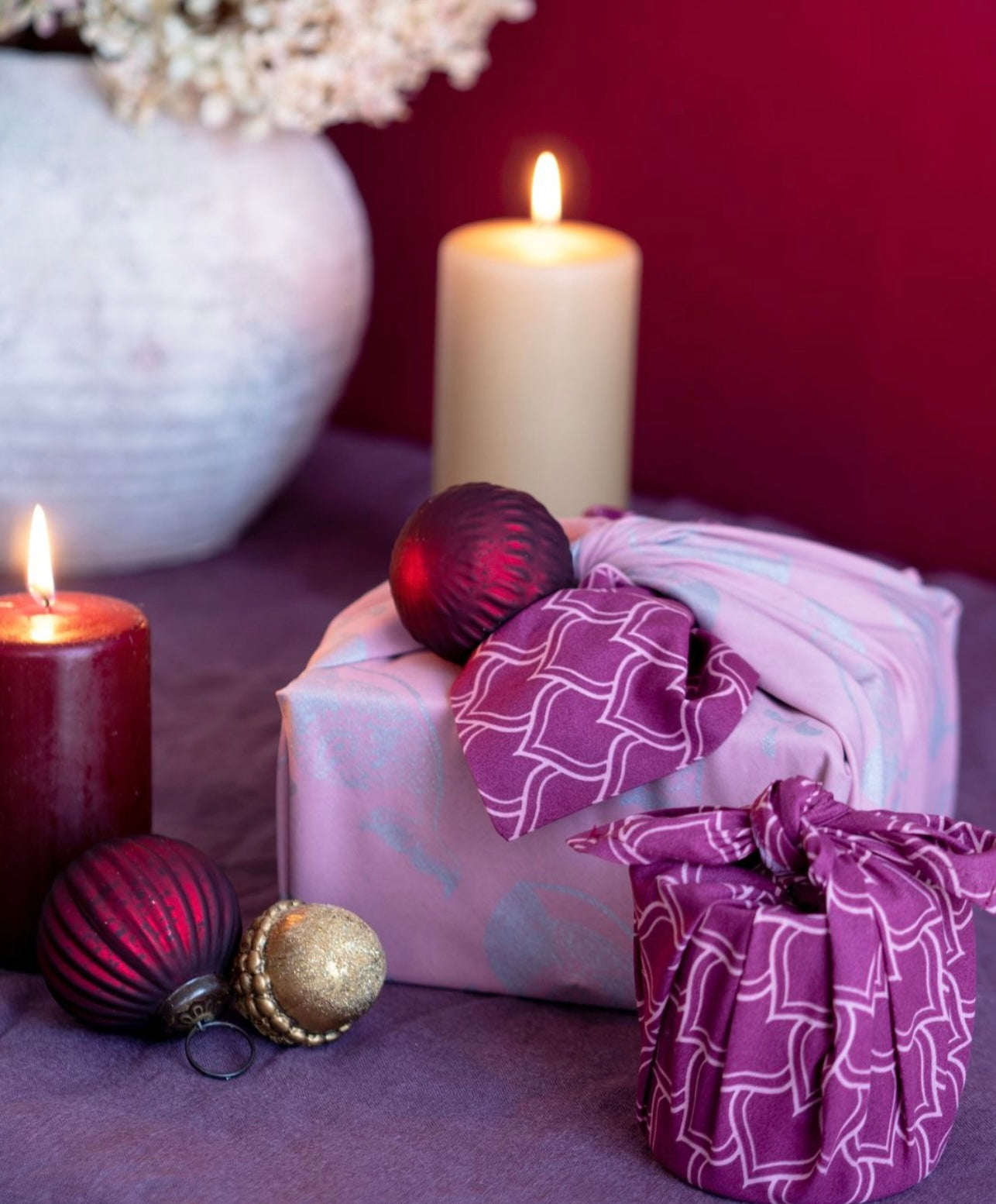 Furoshiki Gift Wrap Blush Whales & Burgundy Arches Fabric Gift Wrap - Double Sided (Reversible)