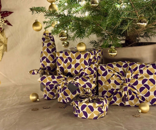 Furoshiki Gift Wrap - 3 Pack (Sizes Small, Medium & Large) Single Sided Bundle - Gold Moons