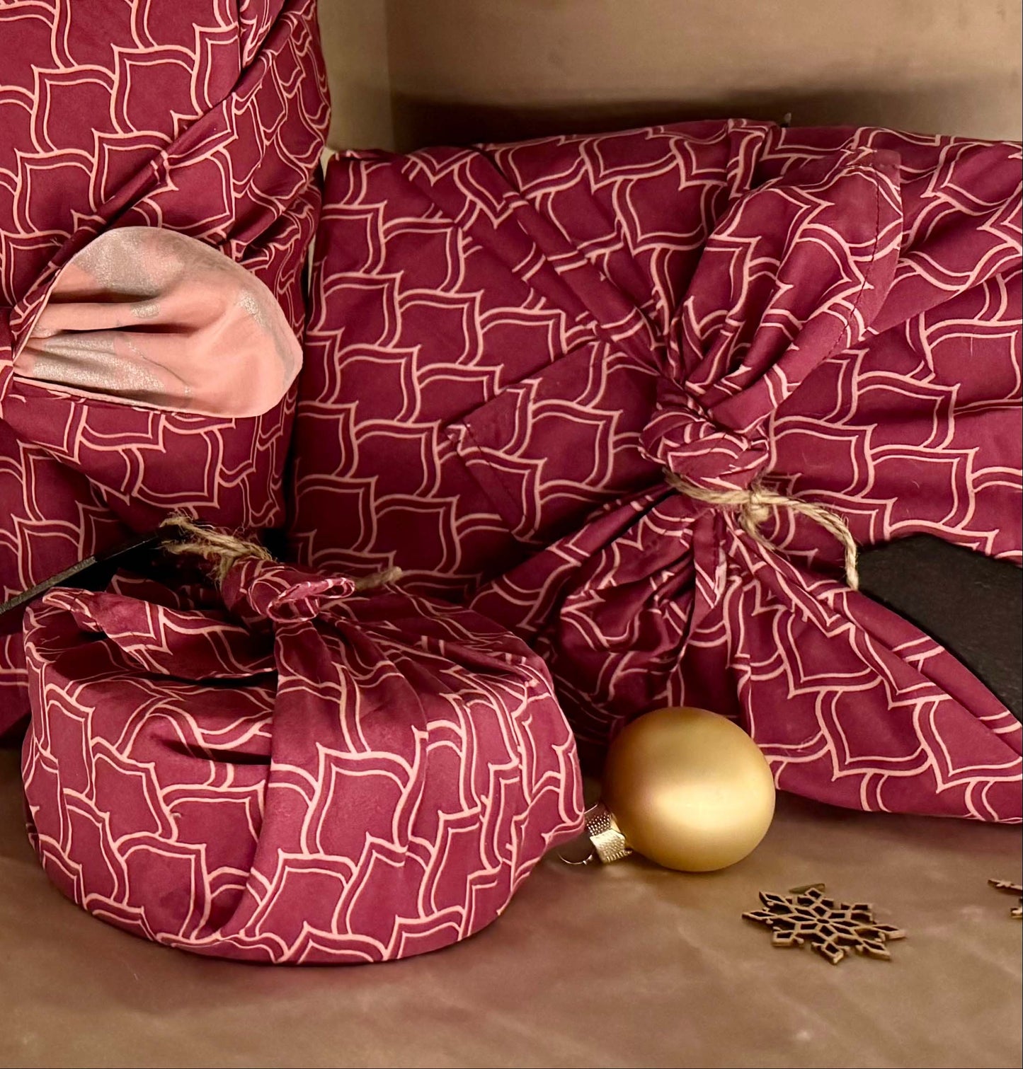 Furoshiki Gift Wrap - 3 Pack (Sizes Small, Medium & Large) Single Sided Bundle - Burgundy Arches