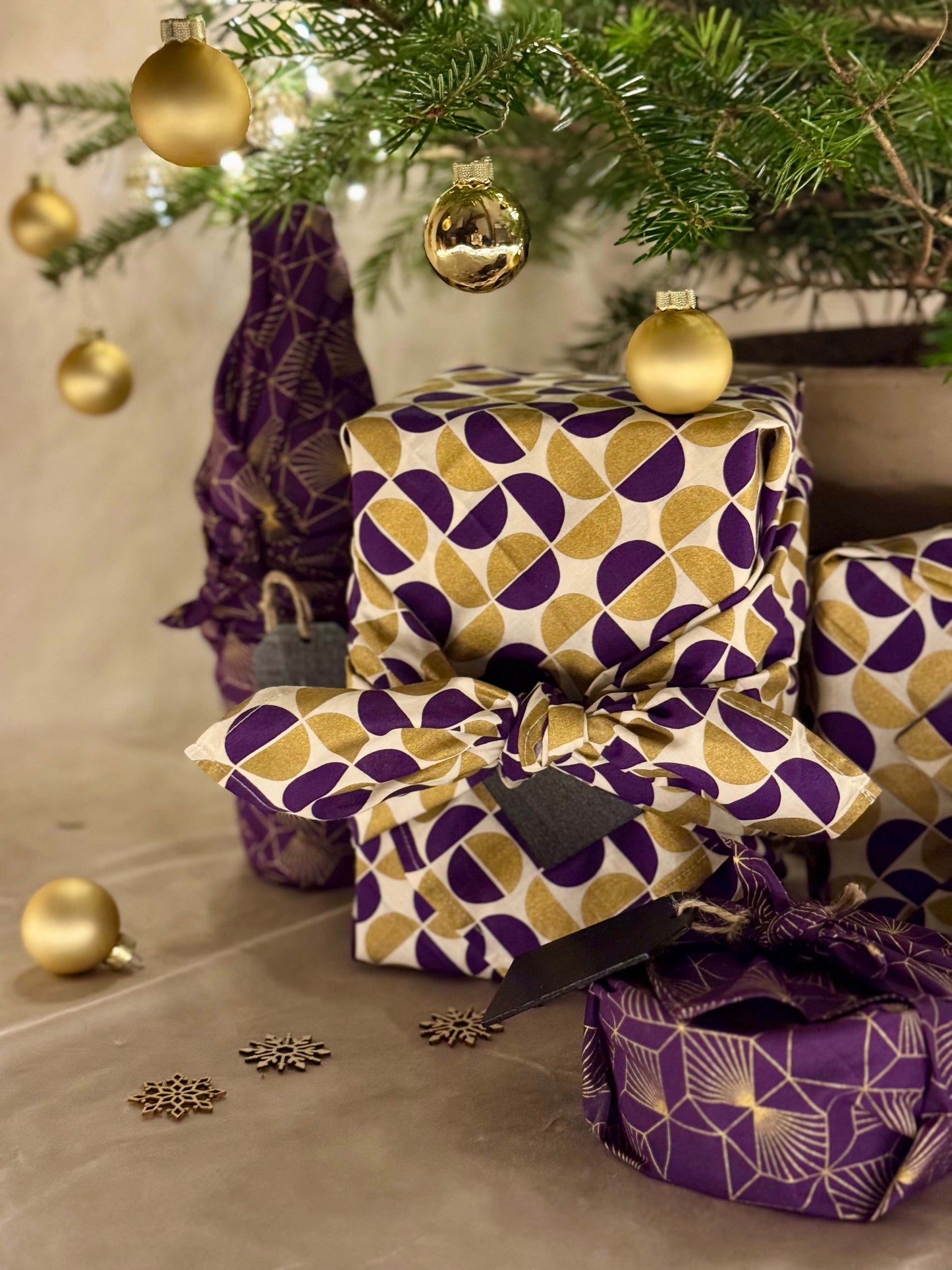 Furoshiki Gift Wrap - 3 Pack (Sizes Small, Medium & Large) Single Sided Bundle - Gold Moons