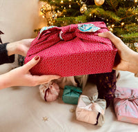 Furoshiki Gift Wrap - 3 Pack (Sizes S, M & L) Double Sided Bundle - Teal & Cherry