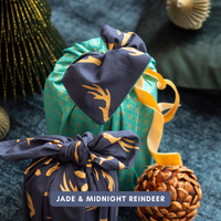 Furoshiki Reusable Fabric Gift Wrap | Jade and Midnight Reindeer | Double Sided (Reversible)
