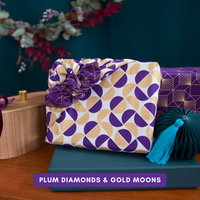 Furoshiki Reusable Fabric Gift Wrap | Gold Moons & Plum Diamonds - Double Sided (Reversible)