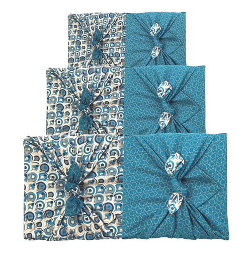 Furoshiki Gift Wrap - 3 Pack (Sizes S, M & L) Double Sided Bundle - Art Deco & Ocean (Teal Blue)