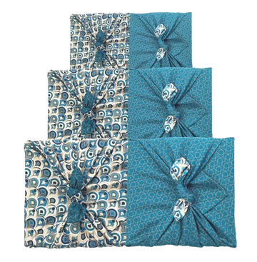 Furoshiki Gift Wrap - 3 Pack (Sizes S, M & L) Double Sided Bundle - Art Deco & Ocean (Teal Blue)