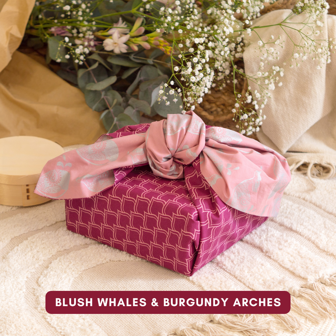 Furoshiki Reusable Fabric Gift Wrap | Blush Whales & Burgundy Arches | Double Sided (Reversible)