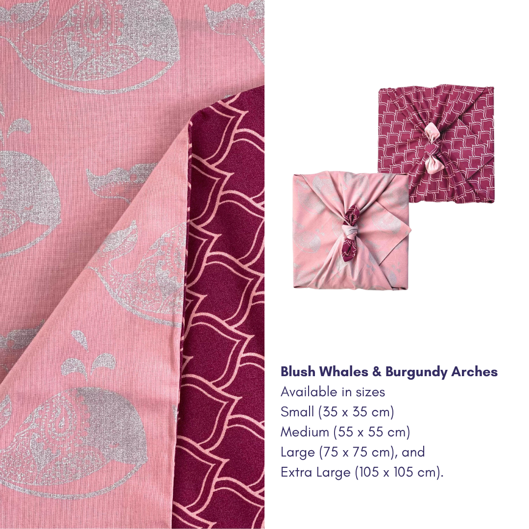 Furoshiki Reusable Fabric Gift Wrap | Blush Whales & Burgundy Arches | Double Sided (Reversible)