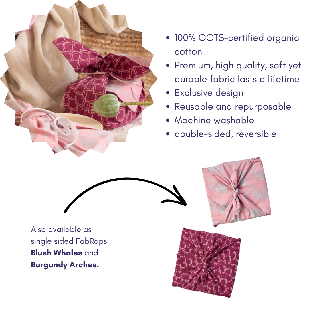 Furoshiki Reusable Fabric Gift Wrap | Blush Whales & Burgundy Arches | Double Sided (Reversible)