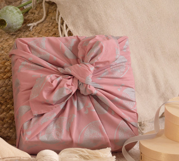 Furoshiki Gift Wrap - 3 Pack (Sizes Small, Medium & Large) Single Sided Bundle - Blush with Silver Whales
