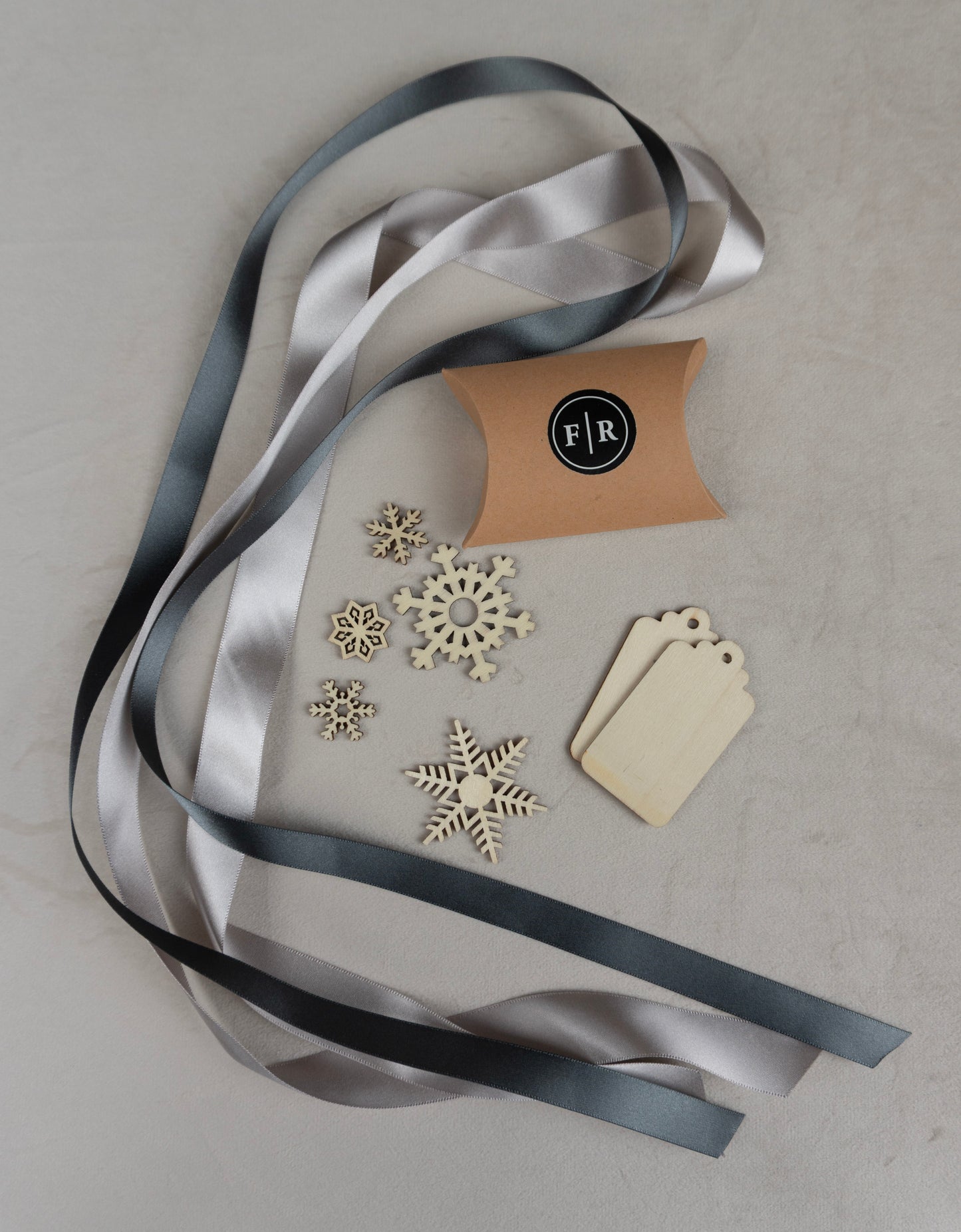 Recycled Ribbons and Wooden Snowflakes set - Cloud & Pewter