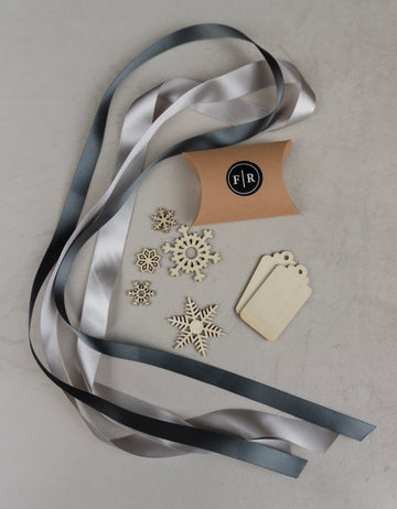 Recycled Ribbons and Wooden Snowflakes set - Cloud & Pewter