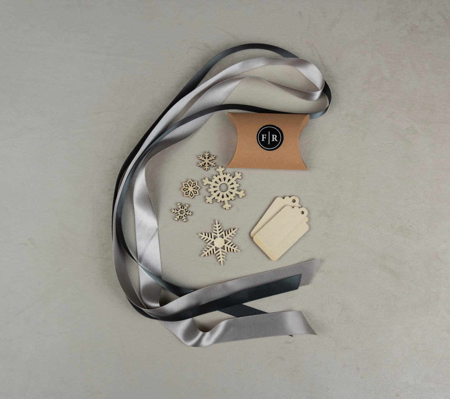 Recycled Ribbons and Wooden Snowflakes set - Cloud & Pewter