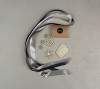 Recycled Ribbons and Wooden Snowflakes set - Cloud & Pewter