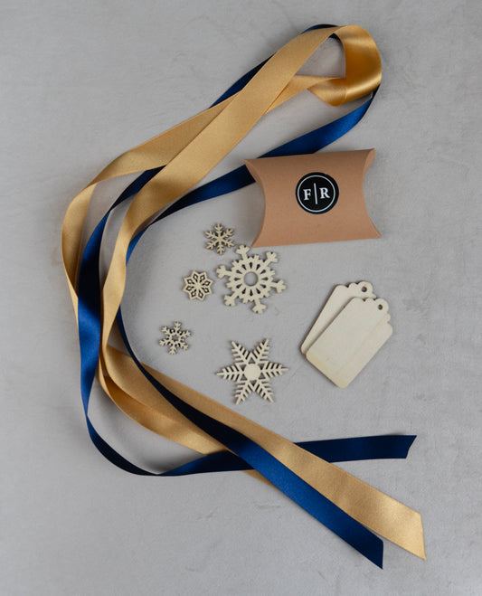 Recycled Ribbons and Wooden Snowflakes set - Navy Gold