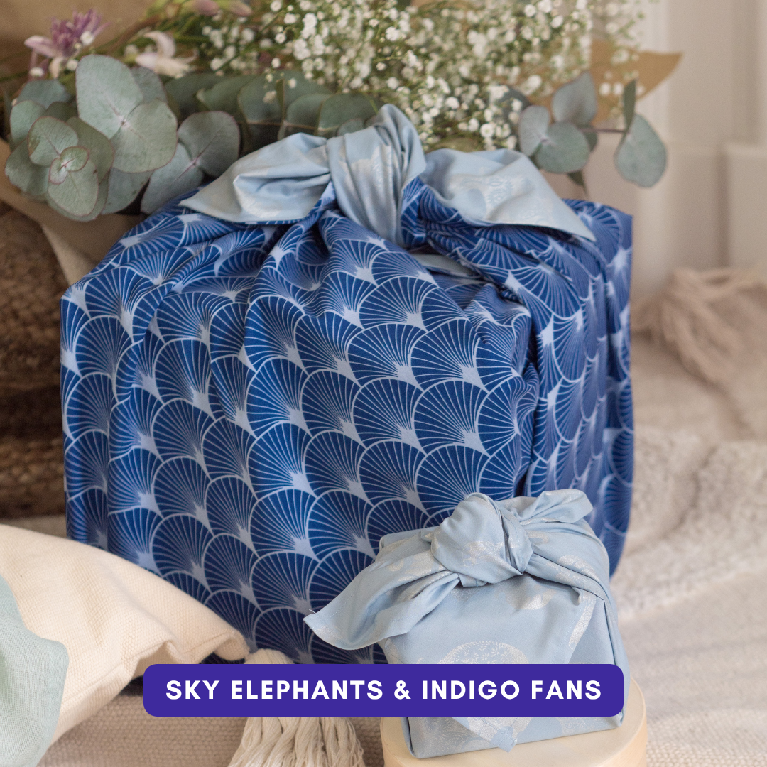 Furoshiki Reusable Fabric Gift Wrap | Sky Elephants & Indigo Fans - Double Sided (Reversible)