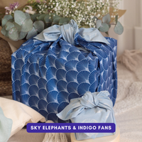 Furoshiki Reusable Fabric Gift Wrap | Sky Elephants & Indigo Fans - Double Sided (Reversible)