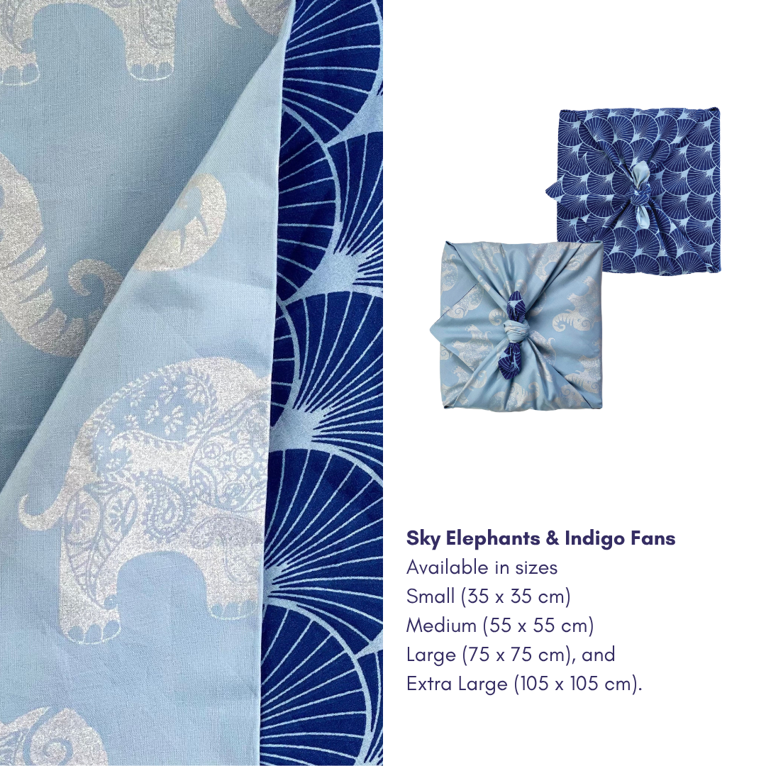 Furoshiki Reusable Fabric Gift Wrap | Sky Elephants & Indigo Fans - Double Sided (Reversible)