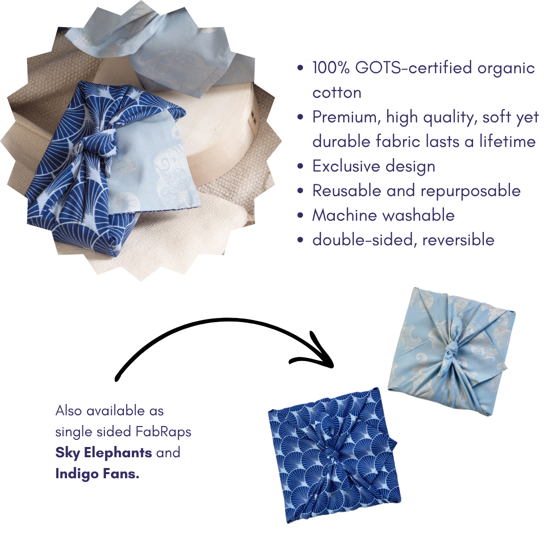 Furoshiki Reusable Fabric Gift Wrap | Sky Elephants & Indigo Fans - Double Sided (Reversible)