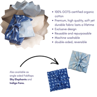 Furoshiki Reusable Fabric Gift Wrap | Sky Elephants & Indigo Fans - Double Sided (Reversible)