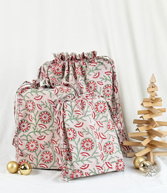 Gift Bag Set of 3 - Ruby and Green Dandelion Block Print