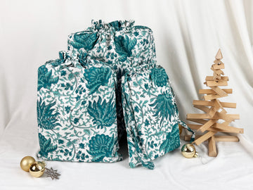 Gift Bag Set of 3 - Emerald Green Forest Block Print