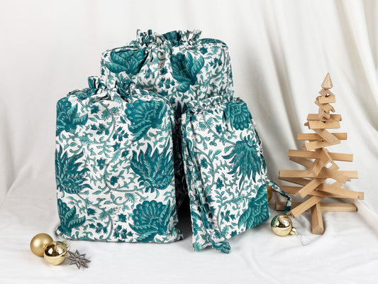 Gift Bag Set of 3 - Emerald Green Forest Block Print