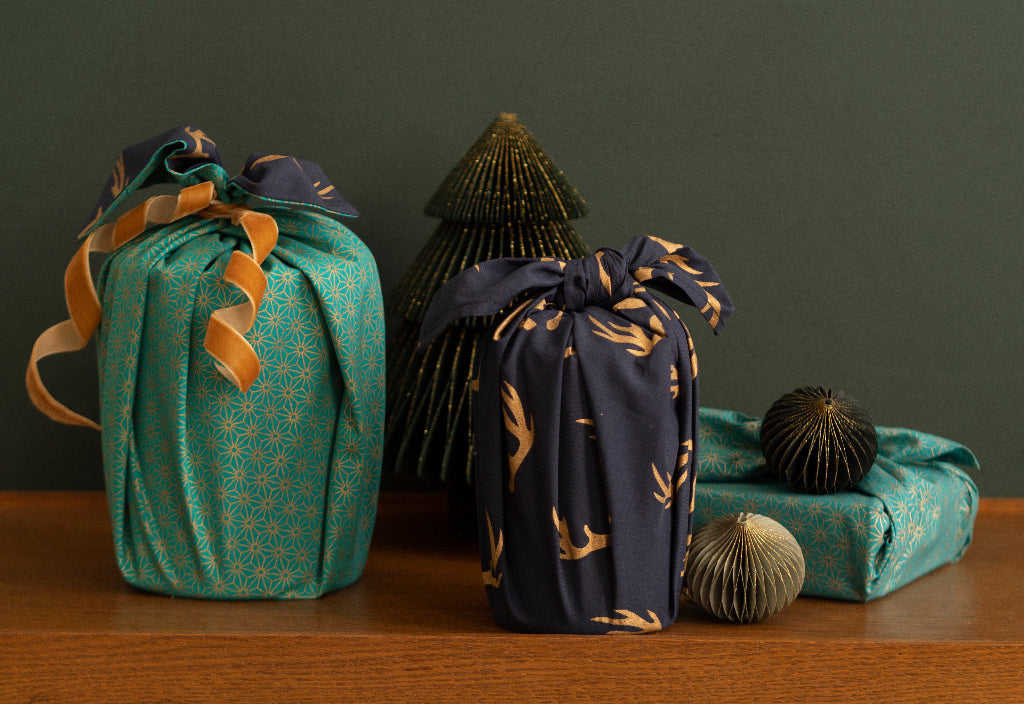 Furoshiki Gift Wrap - 3 Pack (Sizes S, M & L) Double Sided Bundle - Jade & Midnight Reindeers