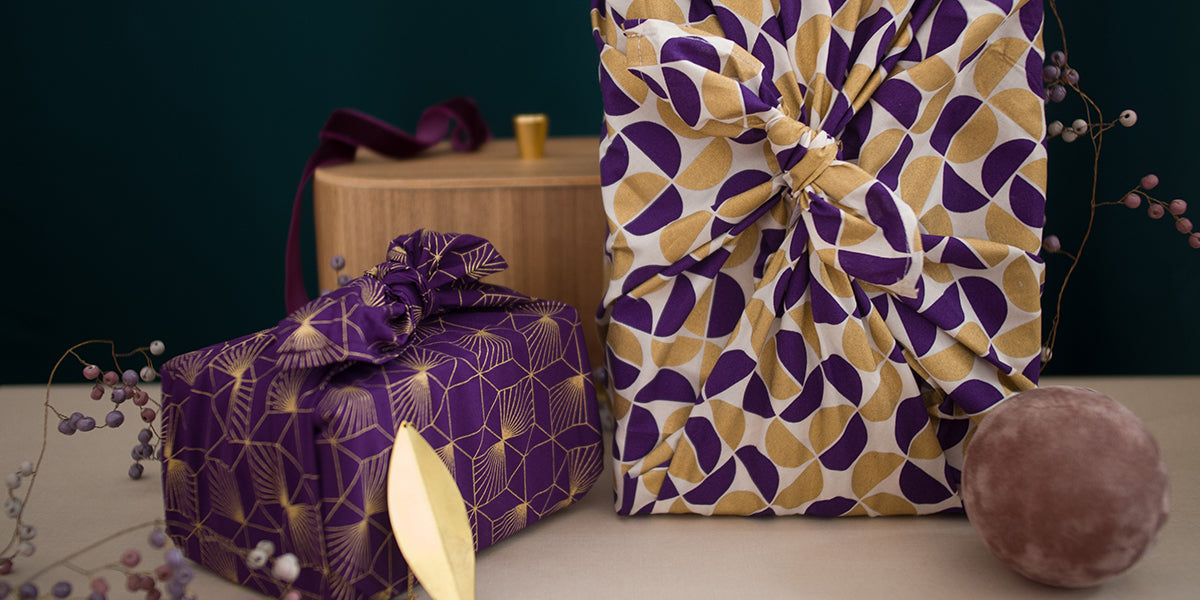 Furoshiki Gift Wrap Gold Moons & Plum Diamonds Fabric Gift Wrap - Double Sided (Reversible)