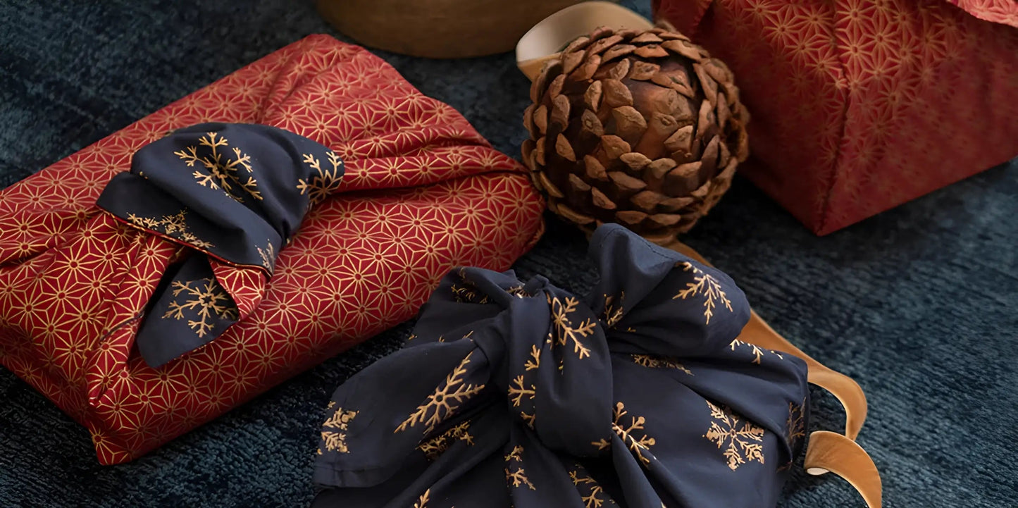Furoshiki Gift Wrap - 3 Pack (Sizes S, M & L) Double Sided Bundle - Ruby & Midnight Snowflakes