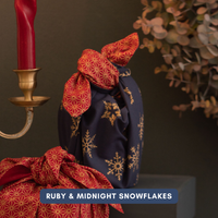 Furoshiki Reusable Fabric Gift Wrap | Ruby & Midnight Snowflakes - Double Sided (Reversible)