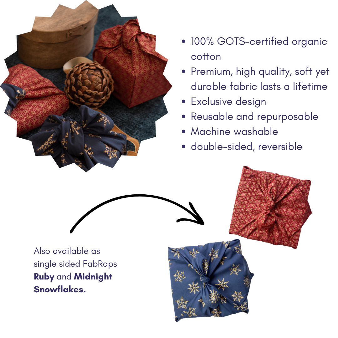 Furoshiki Reusable Fabric Gift Wrap | Ruby & Midnight Snowflakes - Double Sided (Reversible)