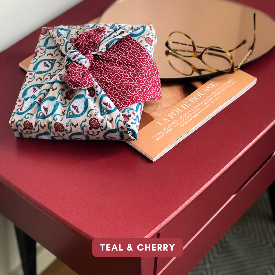 Furoshiki Fabric Gift Wrap | Teal & Cherry - Double Sided (Reversible)