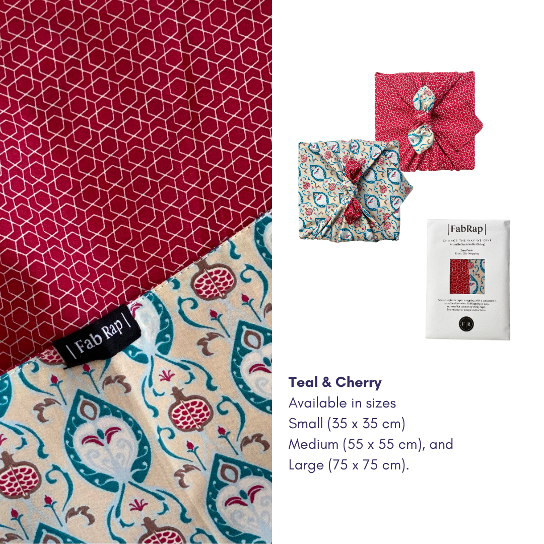 Furoshiki Fabric Gift Wrap | Teal & Cherry - Double Sided (Reversible)