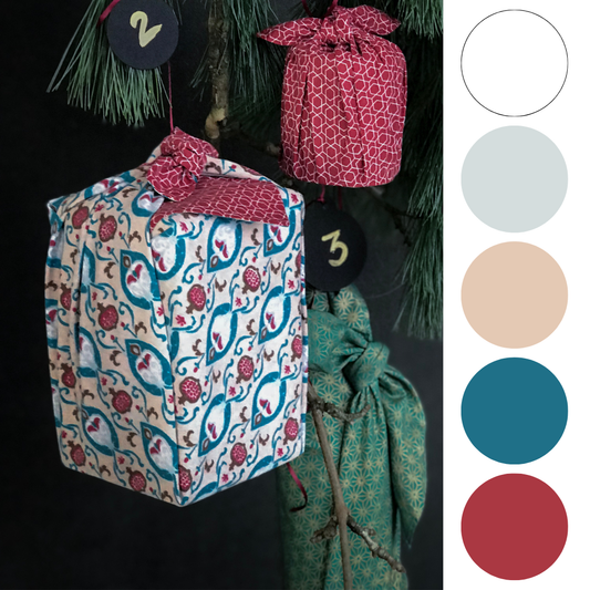 Furoshiki Fabric Gift Wrap | Teal & Cherry - Double Sided (Reversible)