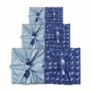 Furoshiki Gift Wrap - 3 Pack (Sizes S, M & L) Double Sided Bundle - Sky & Indigo Fans